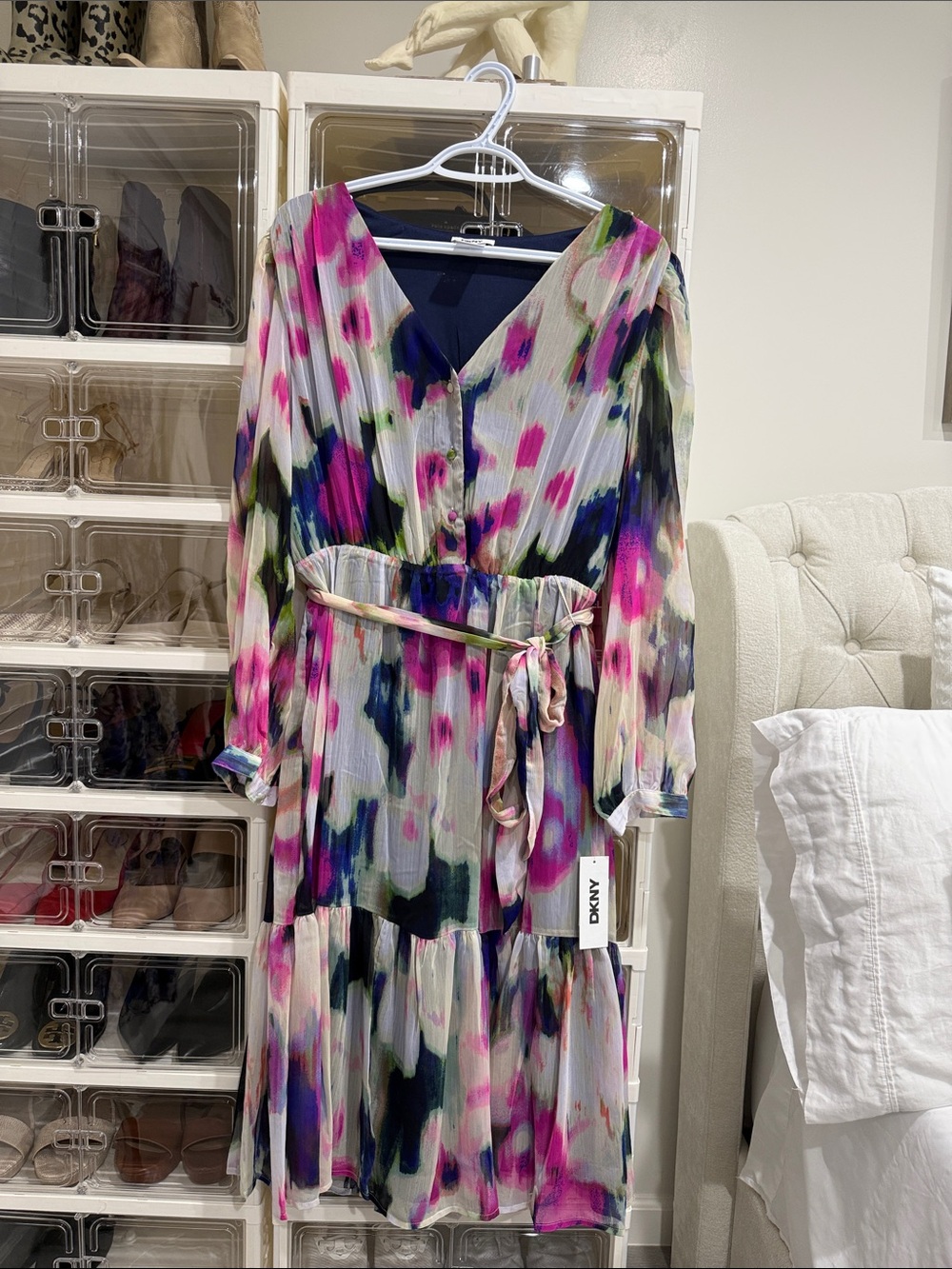 DKNY Multicolor V-Neck Midi Dress in Pink, Blue & Green